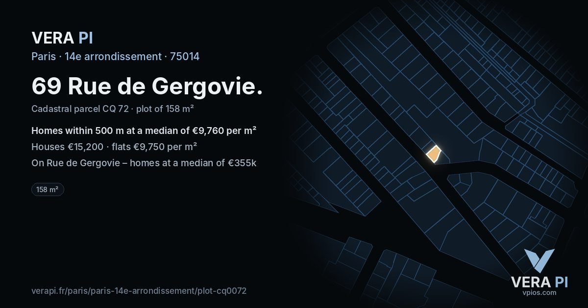 69 Rue de Gergovie, 14e arrondissement at night – the plot lit, the parcels around coloured by the prices near them