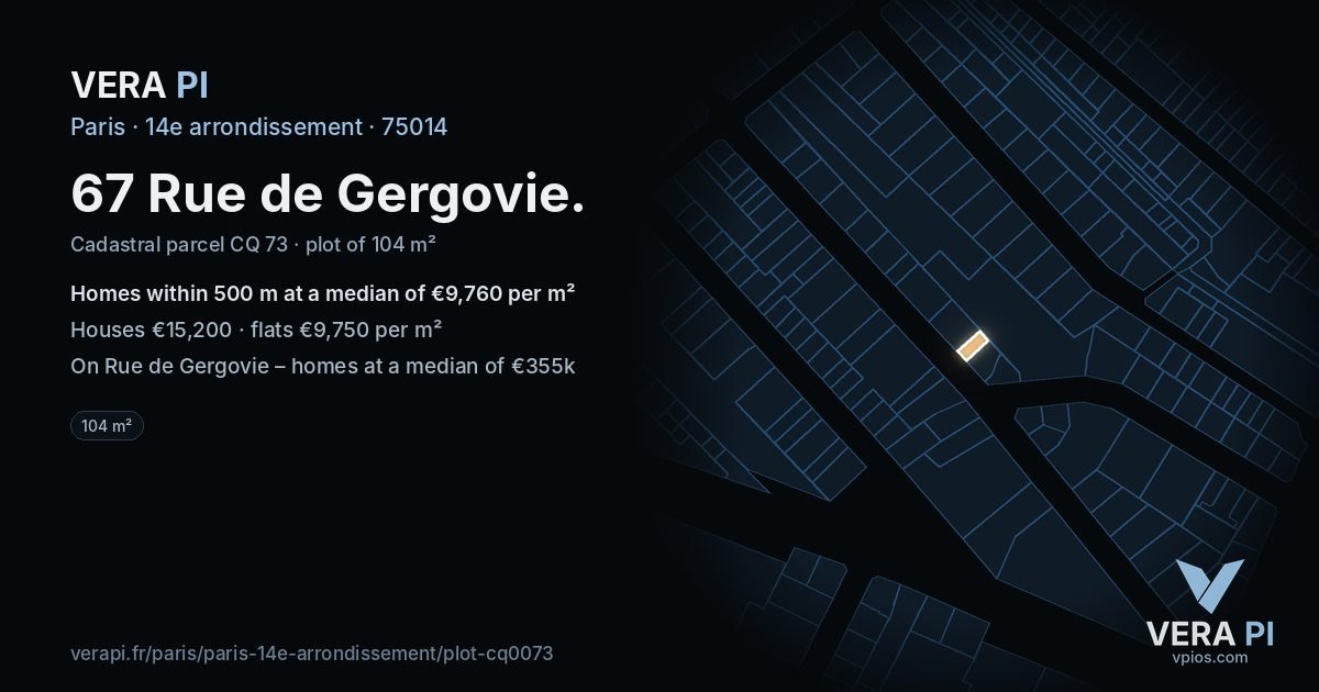67 Rue de Gergovie, 14e arrondissement at night – the plot lit, the parcels around coloured by the prices near them