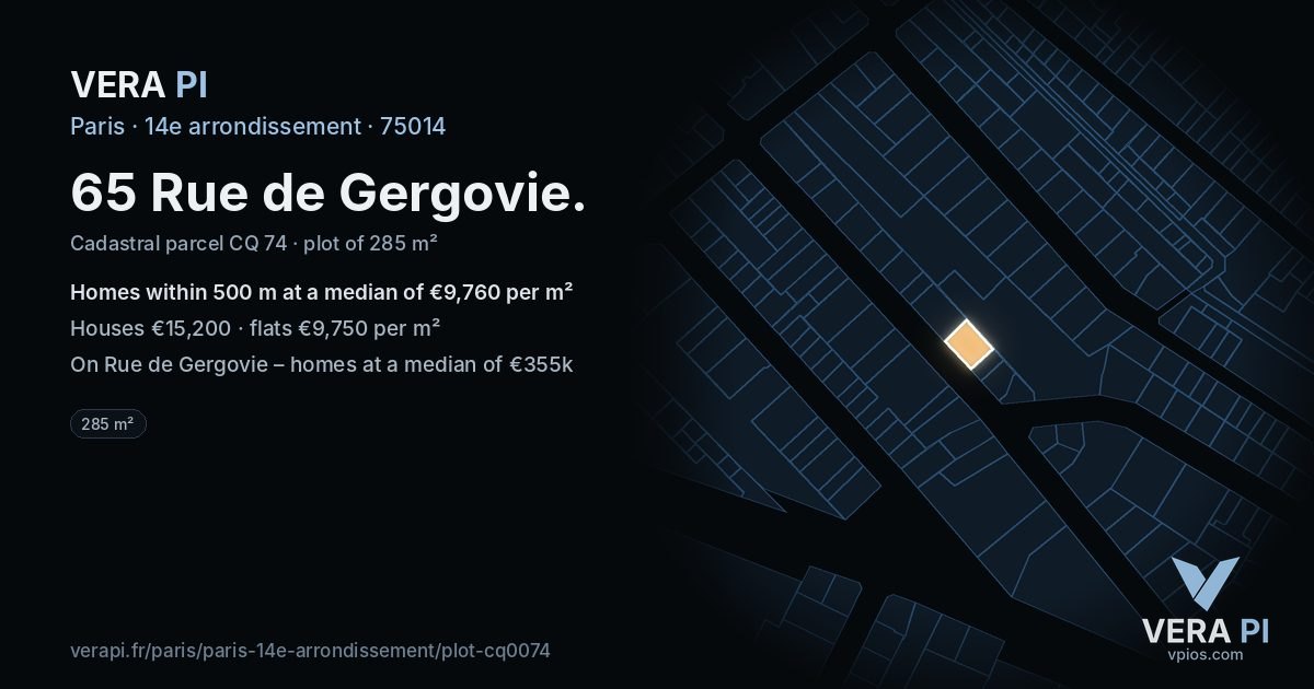 65 Rue de Gergovie, 14e arrondissement at night – the plot lit, the parcels around coloured by the prices near them