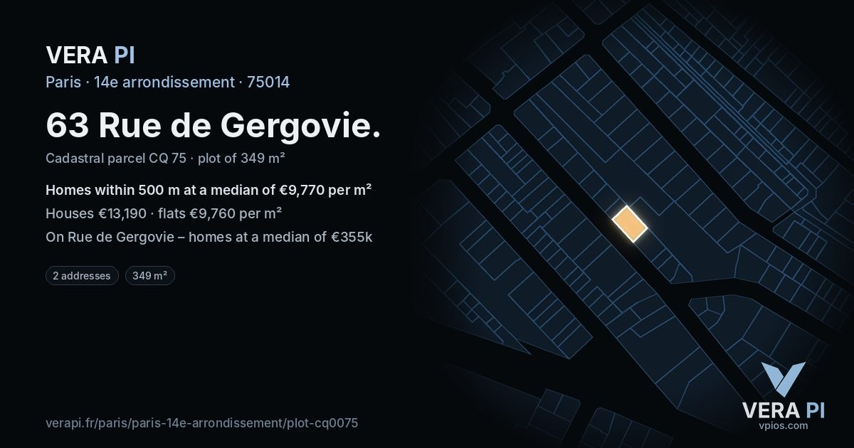 63 Rue de Gergovie, 14e arrondissement at night – the plot lit, the parcels around coloured by the prices near them