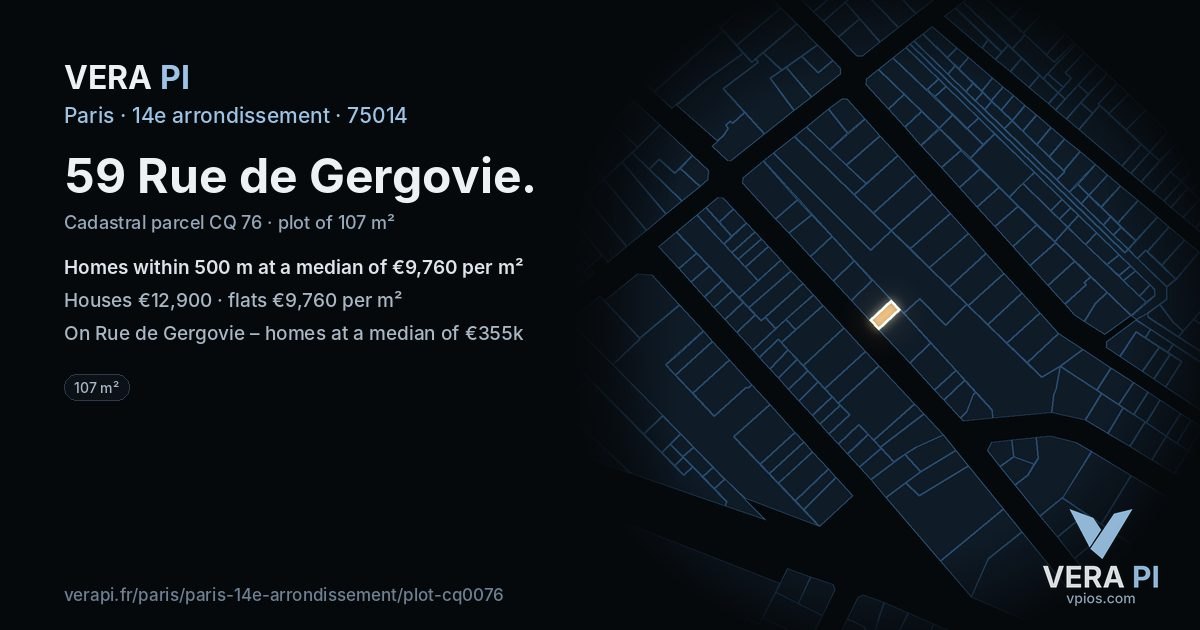 59 Rue de Gergovie, 14e arrondissement at night – the plot lit, the parcels around coloured by the prices near them