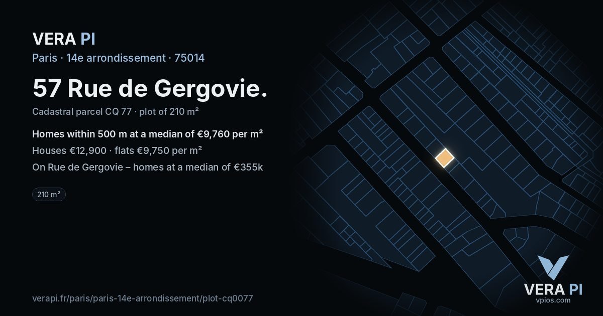 57 Rue de Gergovie, 14e arrondissement at night – the plot lit, the parcels around coloured by the prices near them