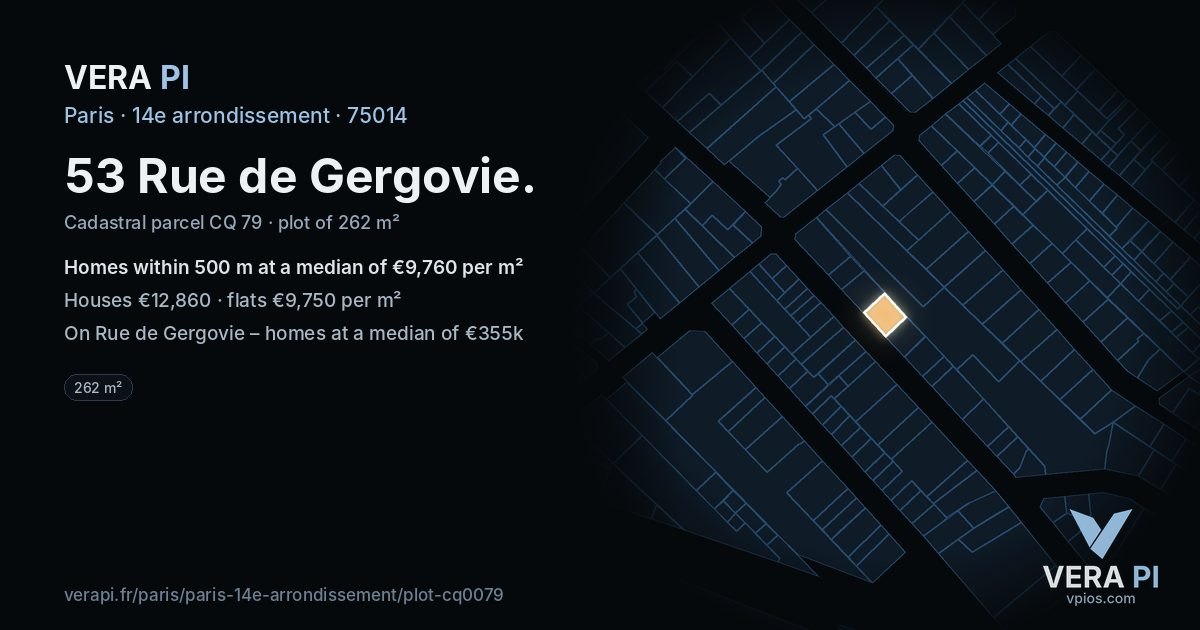 53 Rue de Gergovie, 14e arrondissement at night – the plot lit, the parcels around coloured by the prices near them