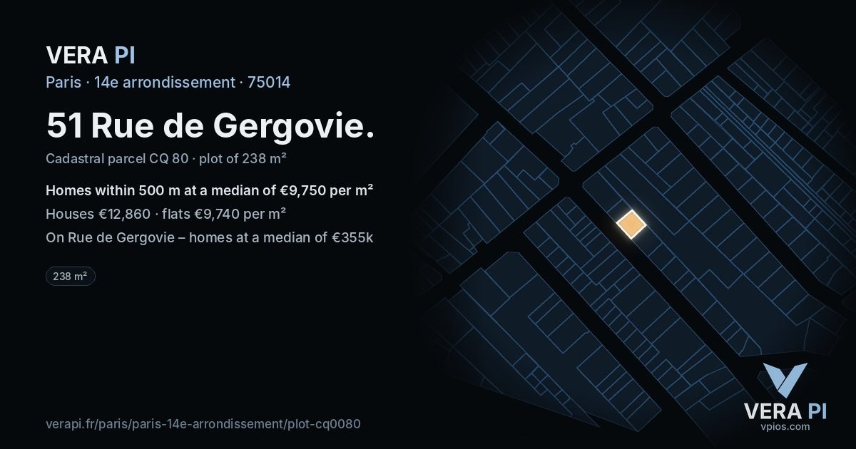 51 Rue de Gergovie, 14e arrondissement at night – the plot lit, the parcels around coloured by the prices near them