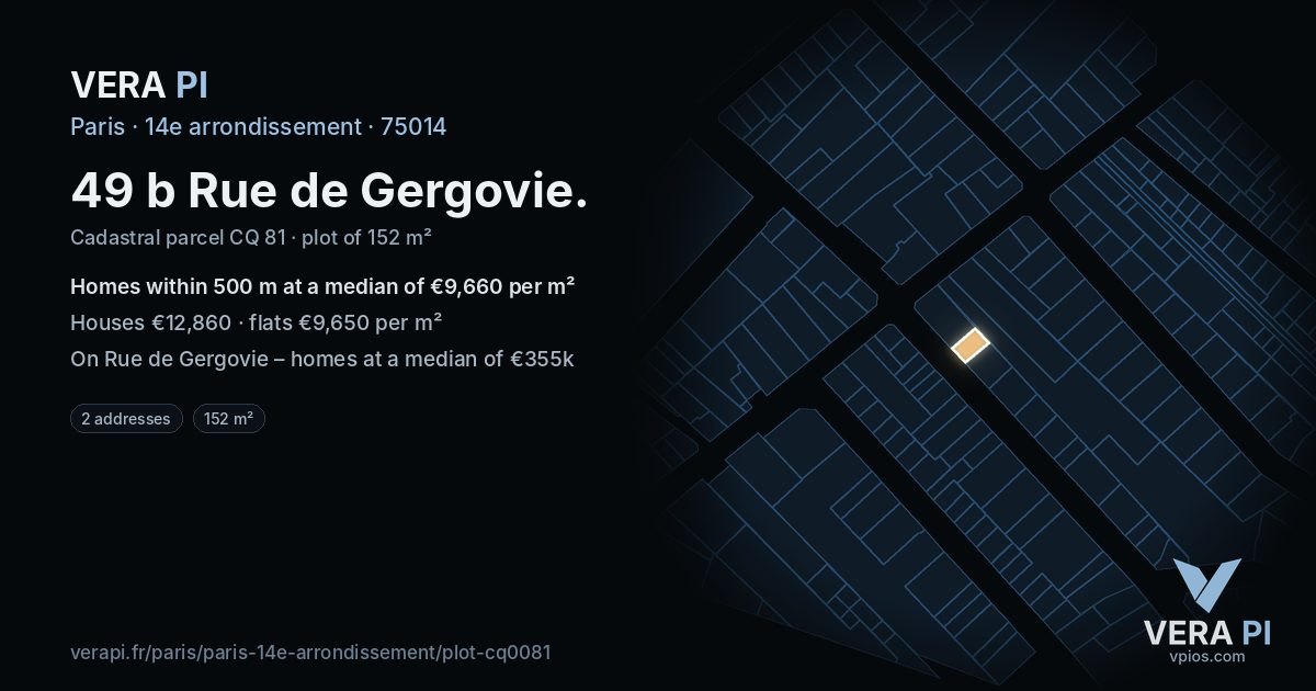49 b Rue de Gergovie, 14e arrondissement at night – the plot lit, the parcels around coloured by the prices near them