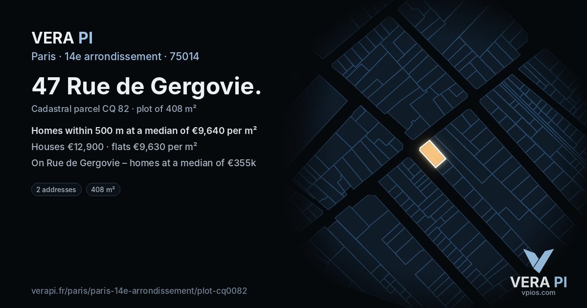 47 Rue de Gergovie, 14e arrondissement at night – the plot lit, the parcels around coloured by the prices near them
