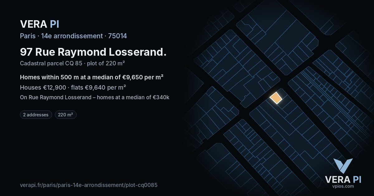 97 Rue Raymond Losserand, 14e arrondissement at night – the plot lit, the parcels around coloured by the prices near them