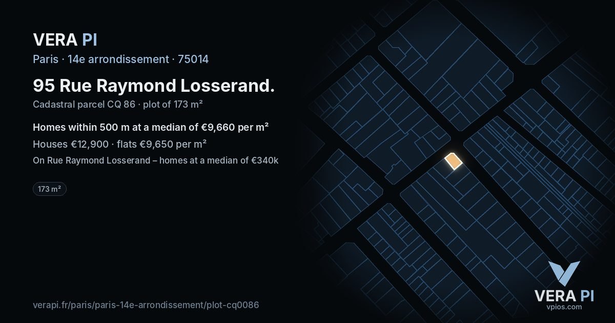 95 Rue Raymond Losserand, 14e arrondissement at night – the plot lit, the parcels around coloured by the prices near them