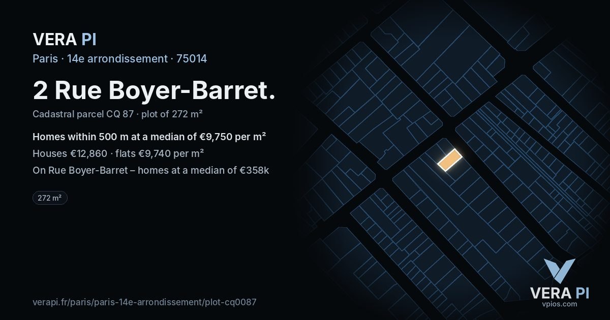 2 Rue Boyer-Barret, 14e arrondissement at night – the plot lit, the parcels around coloured by the prices near them