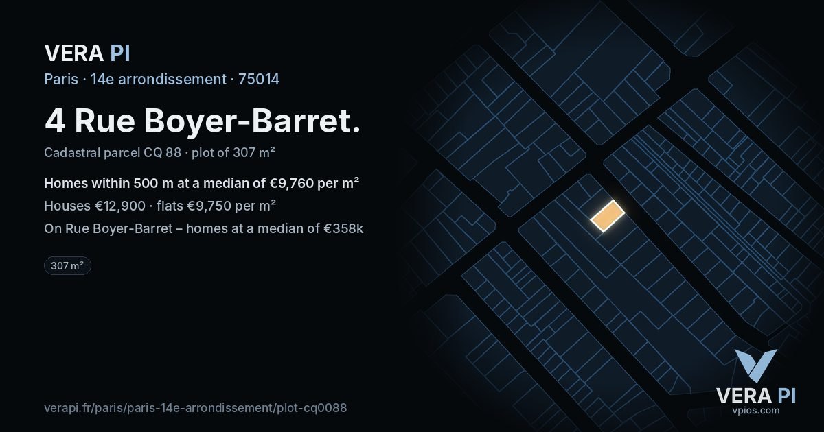 4 Rue Boyer-Barret, 14e arrondissement at night – the plot lit, the parcels around coloured by the prices near them