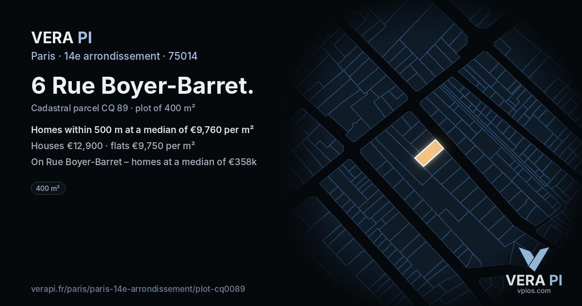 6 Rue Boyer-Barret, 14e arrondissement at night – the plot lit, the parcels around coloured by the prices near them