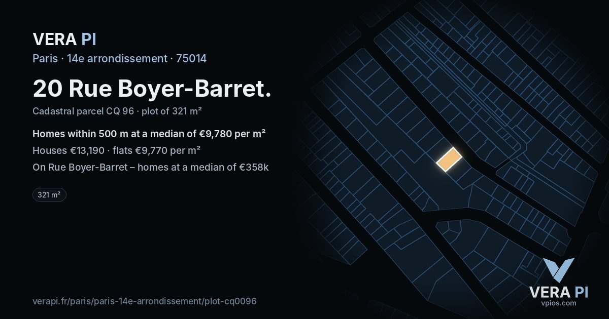 20 Rue Boyer-Barret, 14e arrondissement at night – the plot lit, the parcels around coloured by the prices near them