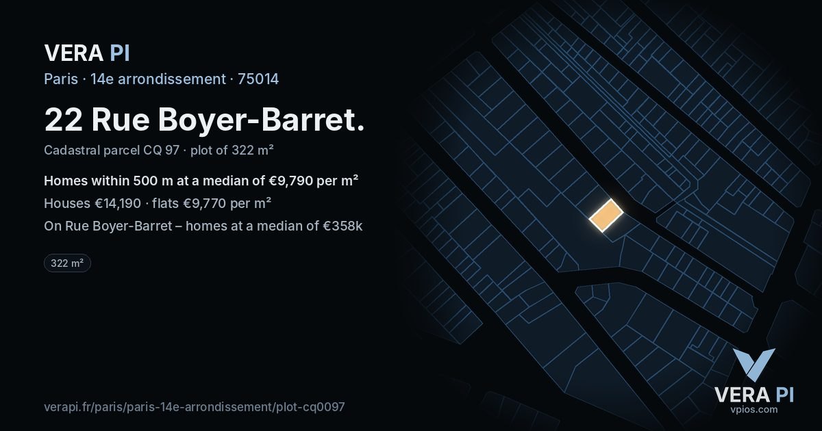 22 Rue Boyer-Barret, 14e arrondissement at night – the plot lit, the parcels around coloured by the prices near them