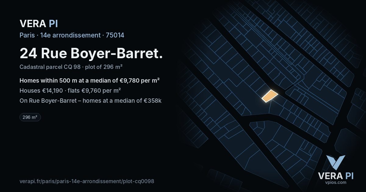 24 Rue Boyer-Barret, 14e arrondissement at night – the plot lit, the parcels around coloured by the prices near them