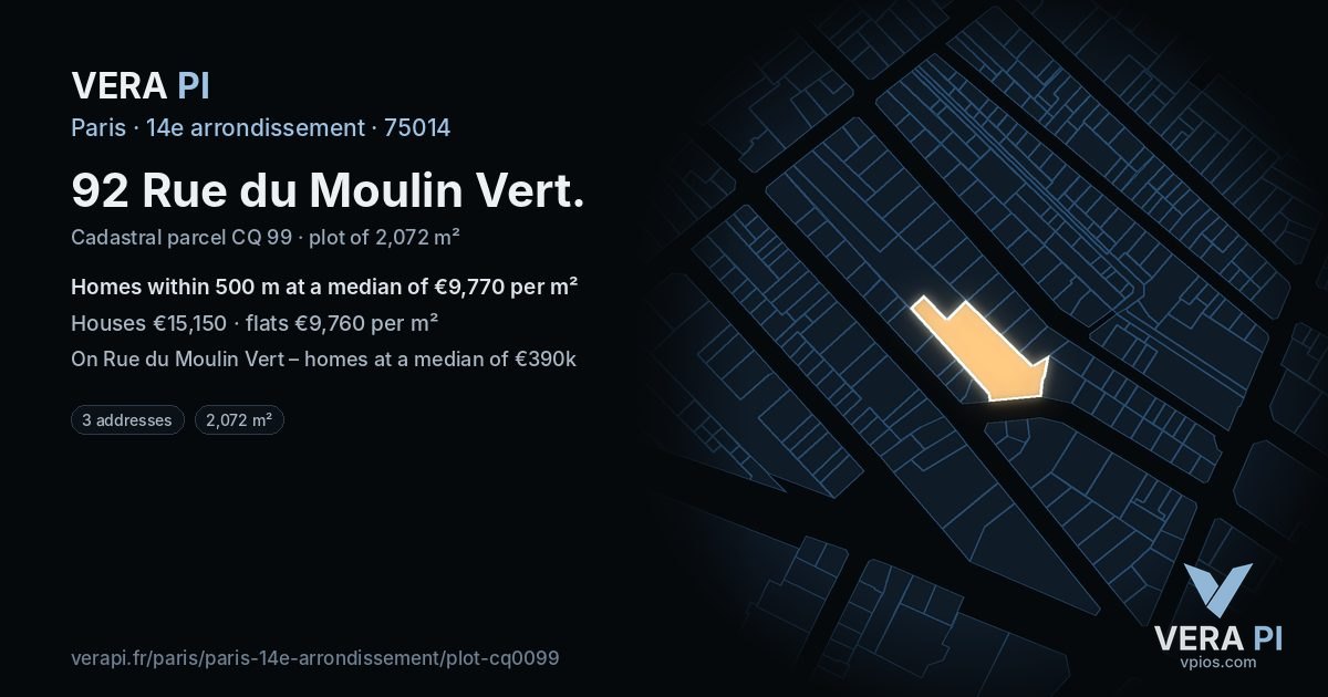 92 Rue du Moulin Vert, 14e arrondissement at night – the plot lit, the parcels around coloured by the prices near them