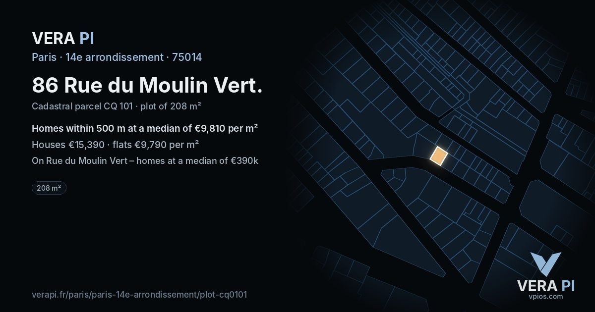86 Rue du Moulin Vert, 14e arrondissement at night – the plot lit, the parcels around coloured by the prices near them