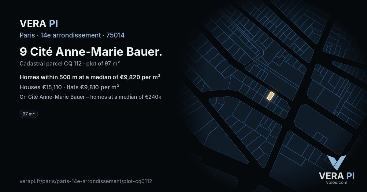 9 Cité Anne-Marie Bauer, 14e arrondissement at night – the plot lit, the parcels around coloured by the prices near them