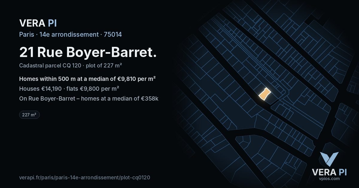 21 Rue Boyer-Barret, 14e arrondissement at night – the plot lit, the parcels around coloured by the prices near them