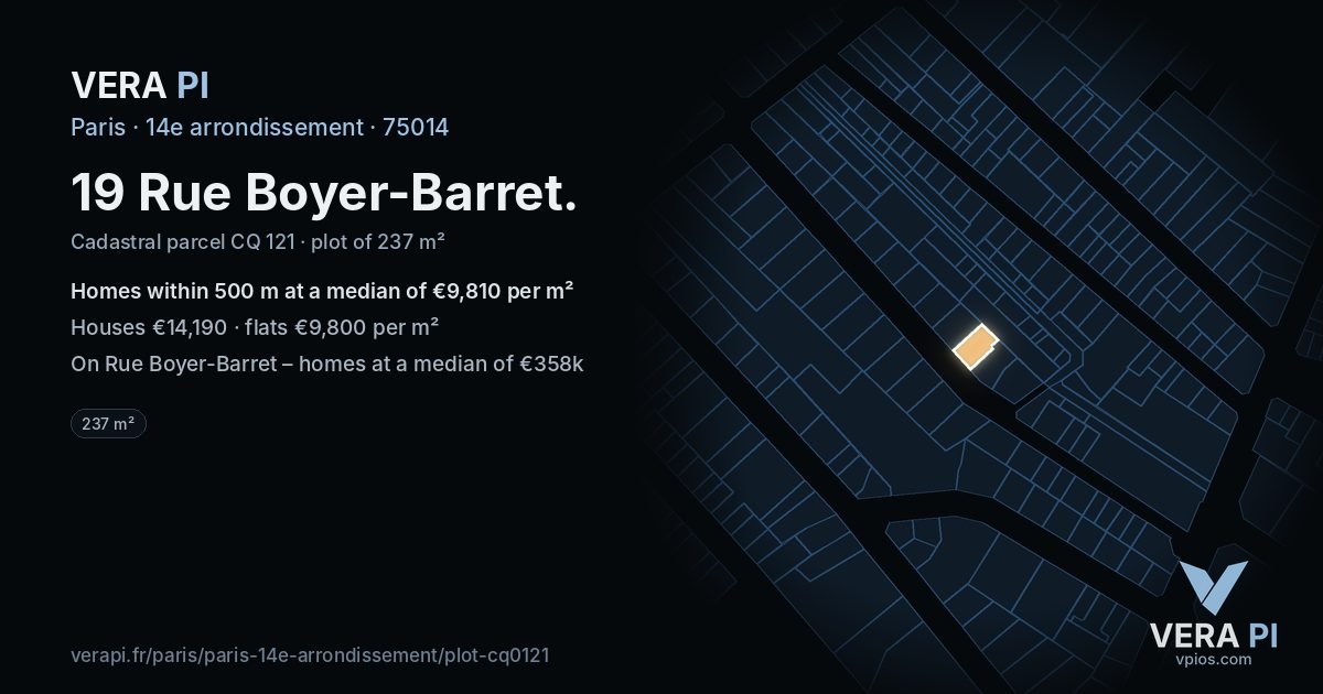 19 Rue Boyer-Barret, 14e arrondissement at night – the plot lit, the parcels around coloured by the prices near them