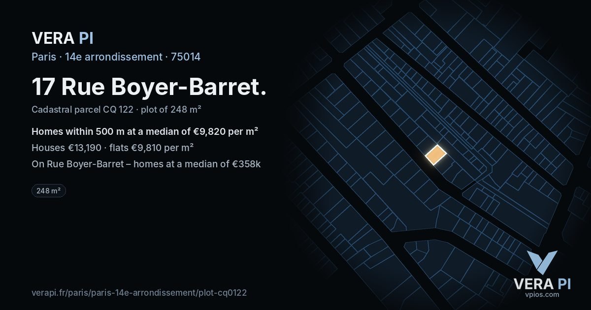 17 Rue Boyer-Barret, 14e arrondissement at night – the plot lit, the parcels around coloured by the prices near them