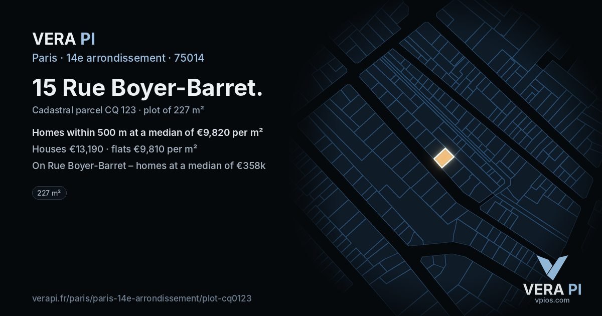 15 Rue Boyer-Barret, 14e arrondissement at night – the plot lit, the parcels around coloured by the prices near them