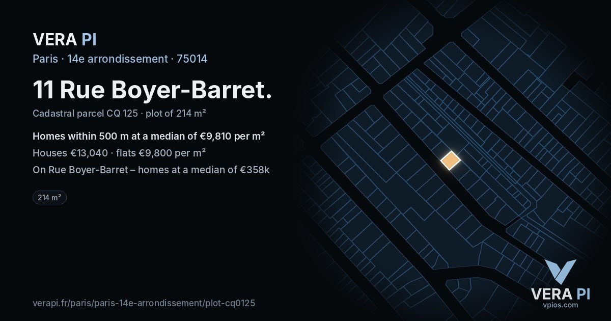 11 Rue Boyer-Barret, 14e arrondissement at night – the plot lit, the parcels around coloured by the prices near them