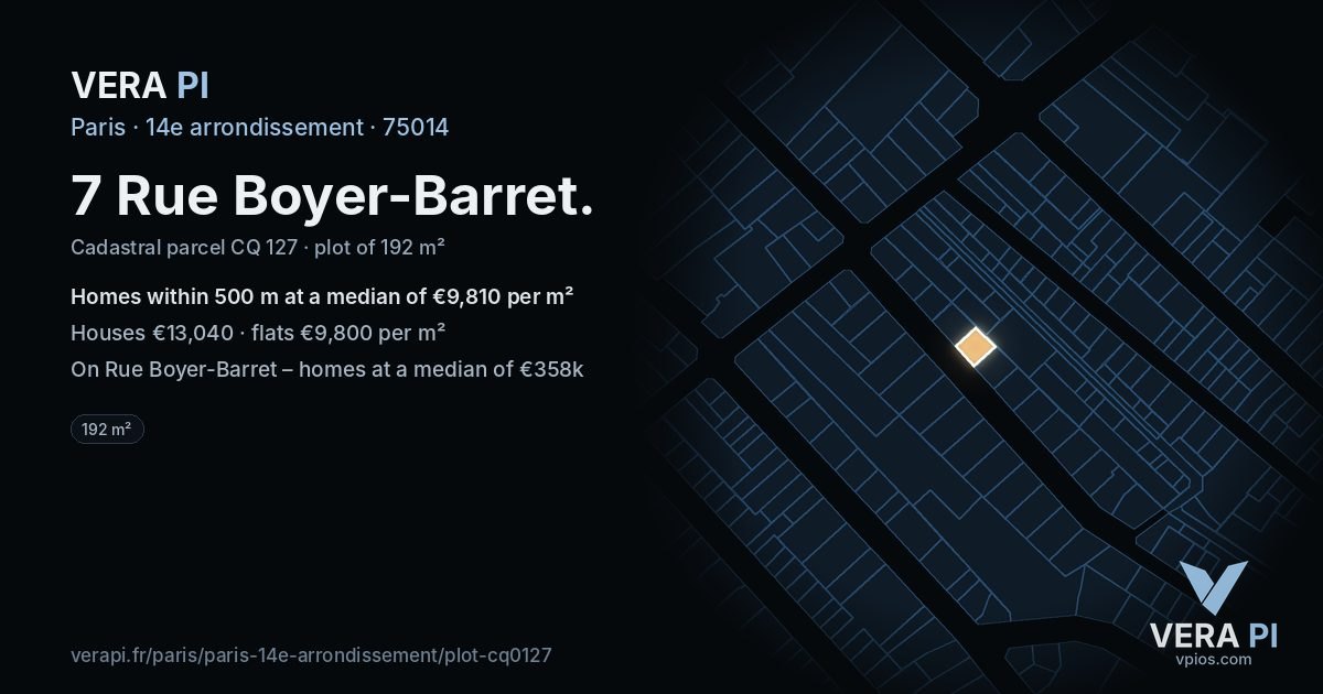 7 Rue Boyer-Barret, 14e arrondissement at night – the plot lit, the parcels around coloured by the prices near them