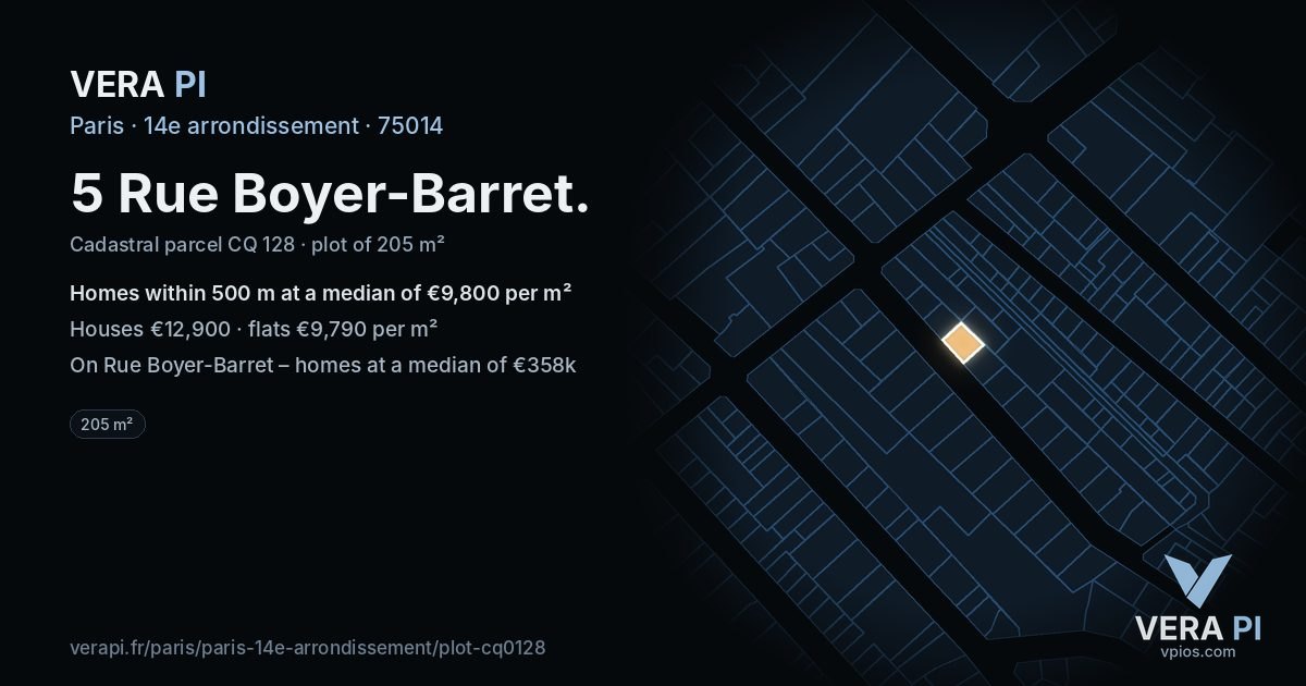 5 Rue Boyer-Barret, 14e arrondissement at night – the plot lit, the parcels around coloured by the prices near them