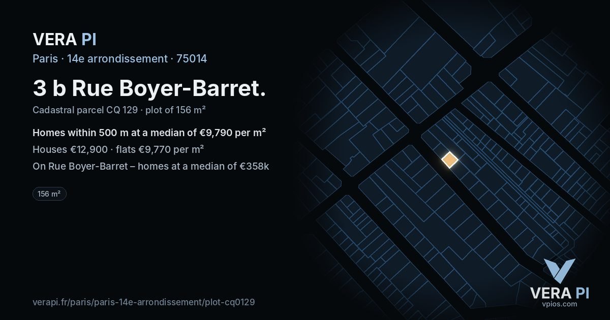 3 b Rue Boyer-Barret, 14e arrondissement at night – the plot lit, the parcels around coloured by the prices near them