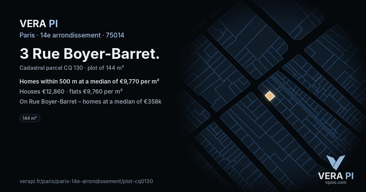 3 Rue Boyer-Barret, 14e arrondissement at night – the plot lit, the parcels around coloured by the prices near them