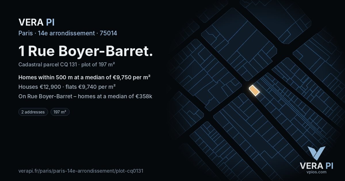1 Rue Boyer-Barret, 14e arrondissement at night – the plot lit, the parcels around coloured by the prices near them
