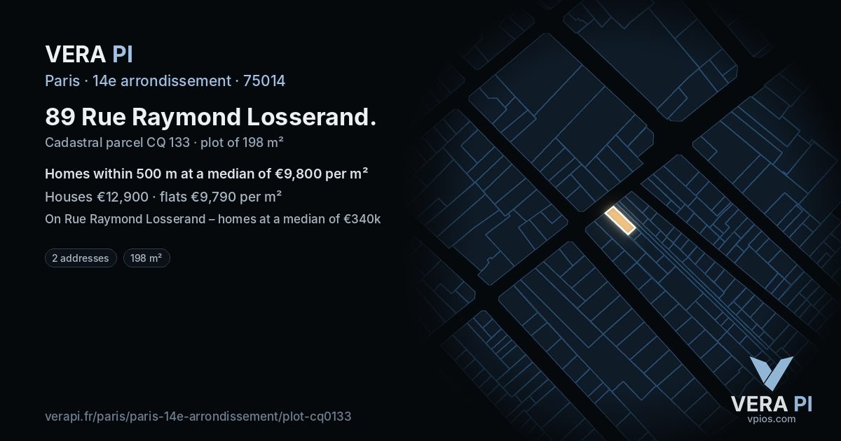89 Rue Raymond Losserand, 14e arrondissement at night – the plot lit, the parcels around coloured by the prices near them