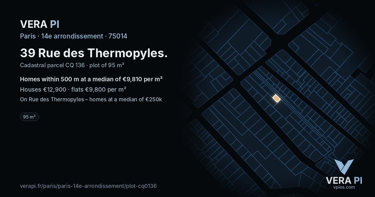 39 Rue des Thermopyles, 14e arrondissement at night – the plot lit, the parcels around coloured by the prices near them