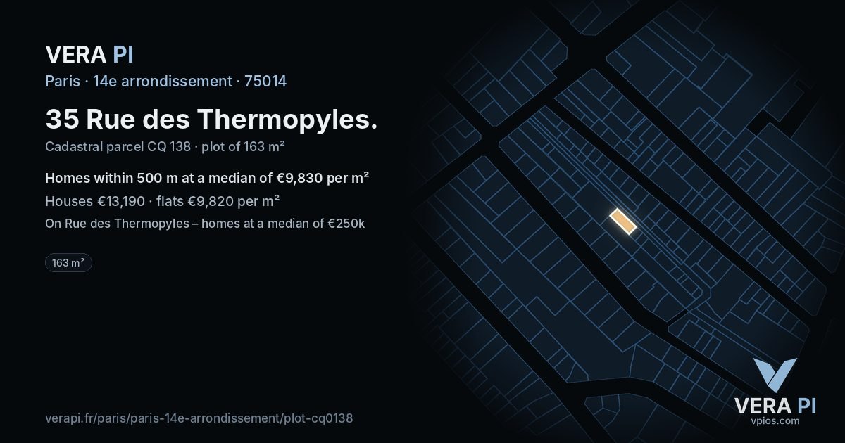 35 Rue des Thermopyles, 14e arrondissement at night – the plot lit, the parcels around coloured by the prices near them