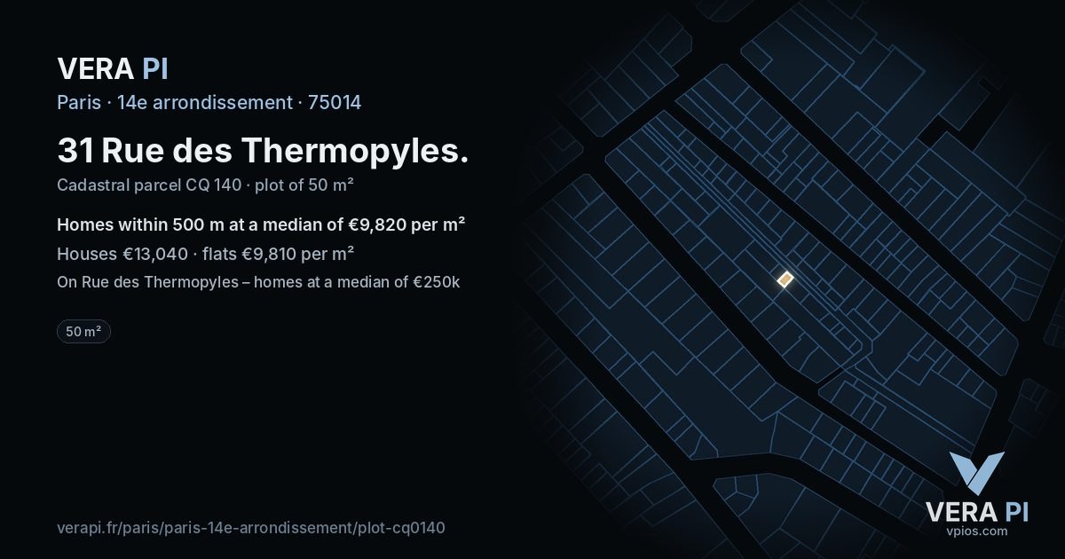 31 Rue des Thermopyles, 14e arrondissement at night – the plot lit, the parcels around coloured by the prices near them