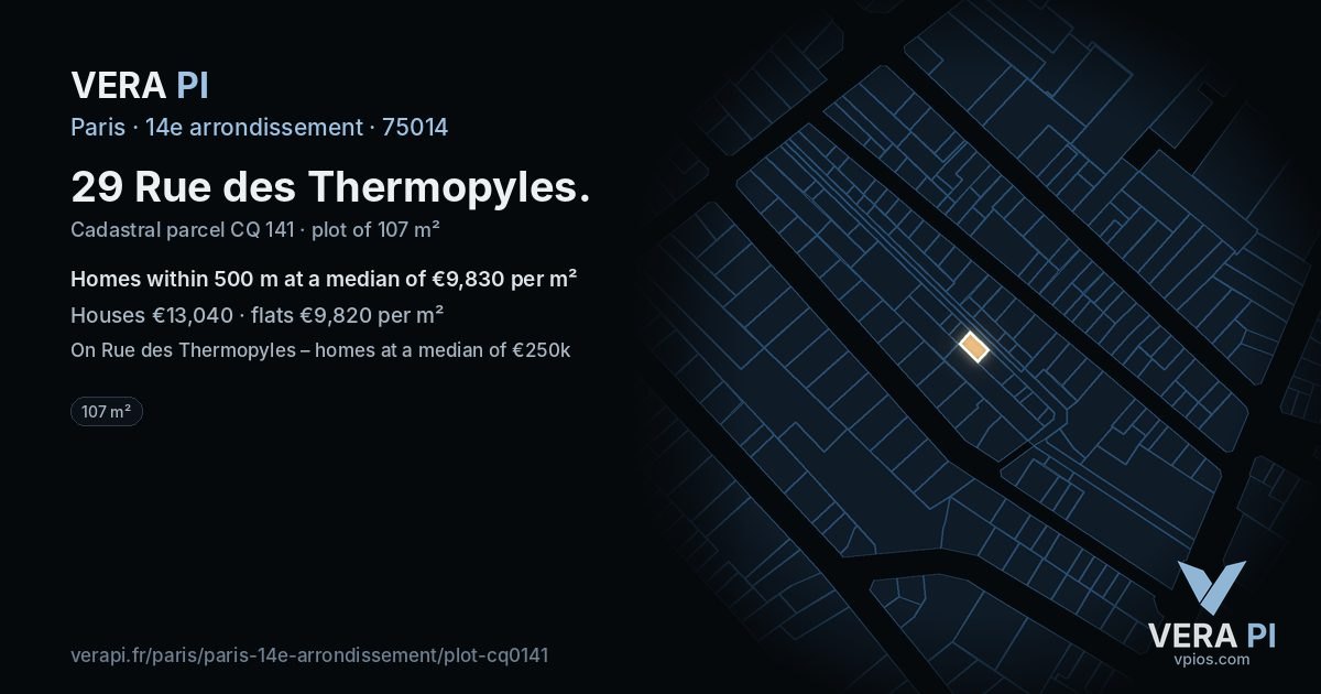 29 Rue des Thermopyles, 14e arrondissement at night – the plot lit, the parcels around coloured by the prices near them