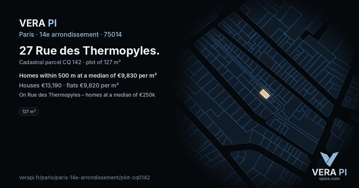 27 Rue des Thermopyles, 14e arrondissement at night – the plot lit, the parcels around coloured by the prices near them