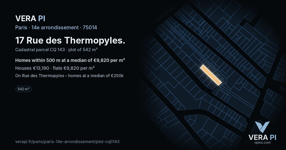 17 Rue des Thermopyles, 14e arrondissement at night – the plot lit, the parcels around coloured by the prices near them