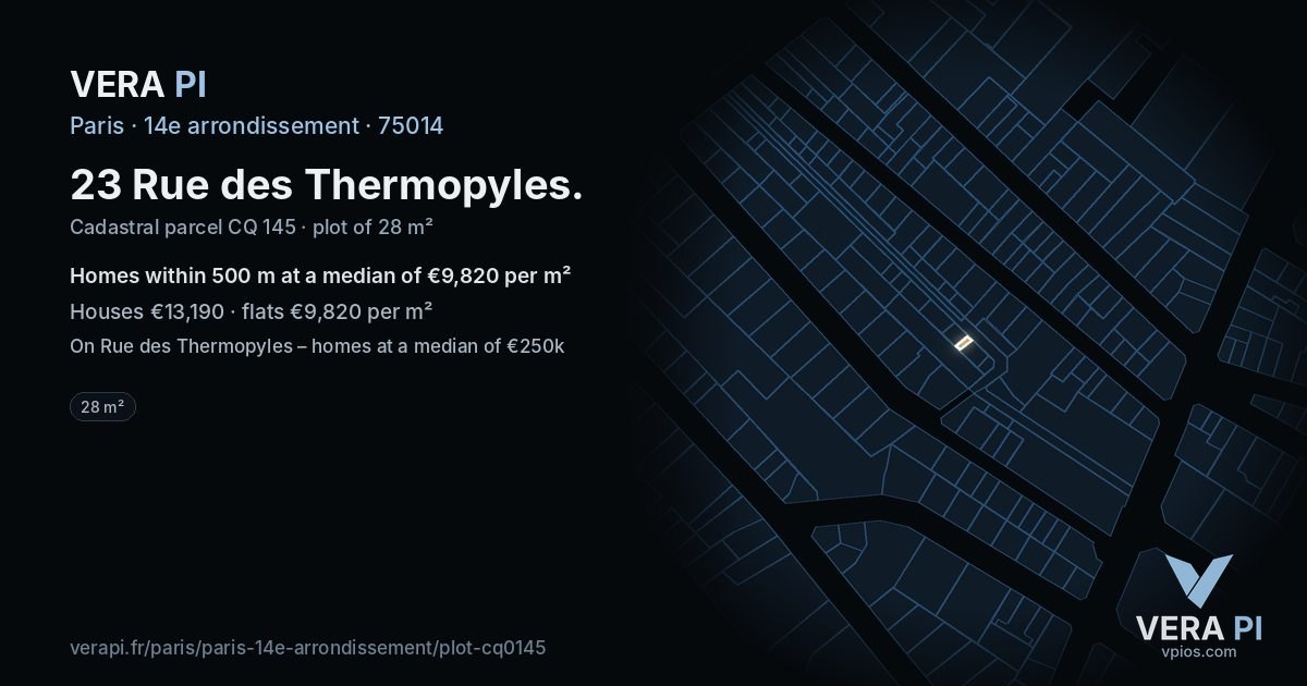 23 Rue des Thermopyles, 14e arrondissement at night – the plot lit, the parcels around coloured by the prices near them