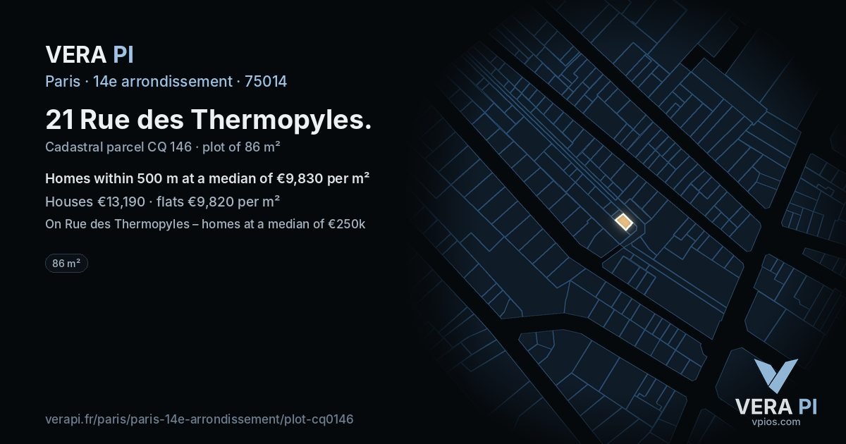 21 Rue des Thermopyles, 14e arrondissement at night – the plot lit, the parcels around coloured by the prices near them