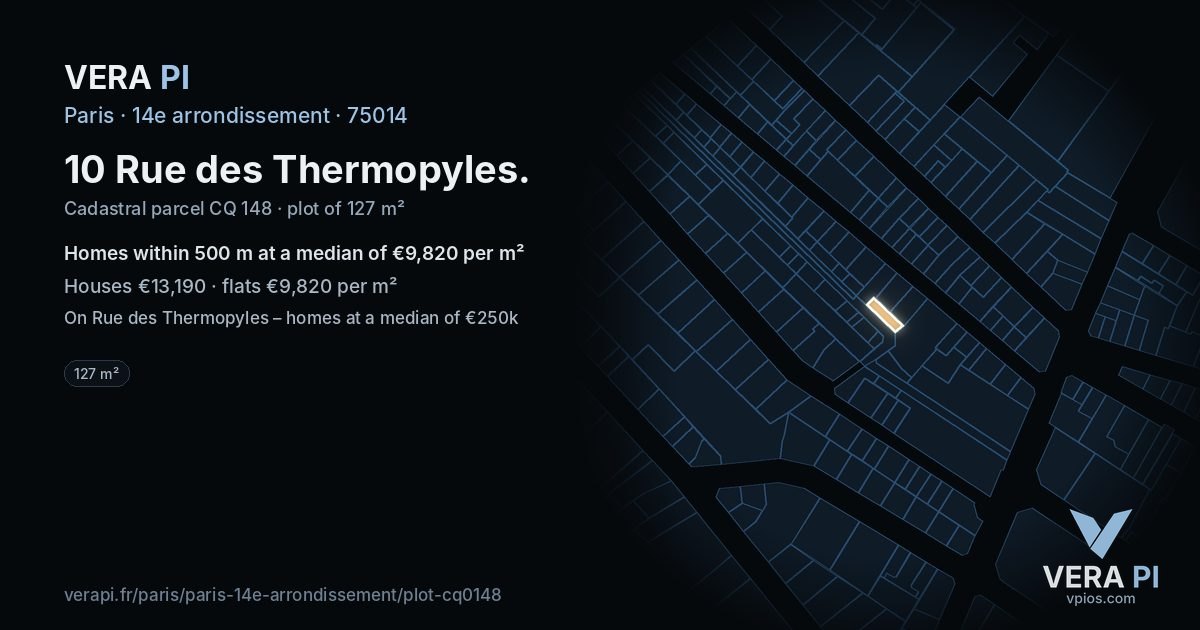 10 Rue des Thermopyles, 14e arrondissement at night – the plot lit, the parcels around coloured by the prices near them