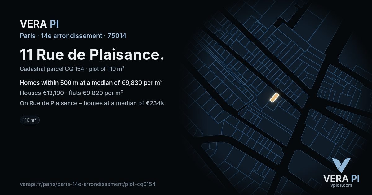 11 Rue de Plaisance, 14e arrondissement at night – the plot lit, the parcels around coloured by the prices near them
