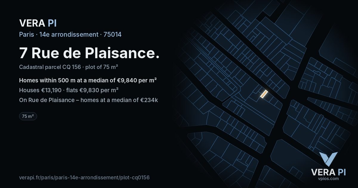 7 Rue de Plaisance, 14e arrondissement at night – the plot lit, the parcels around coloured by the prices near them