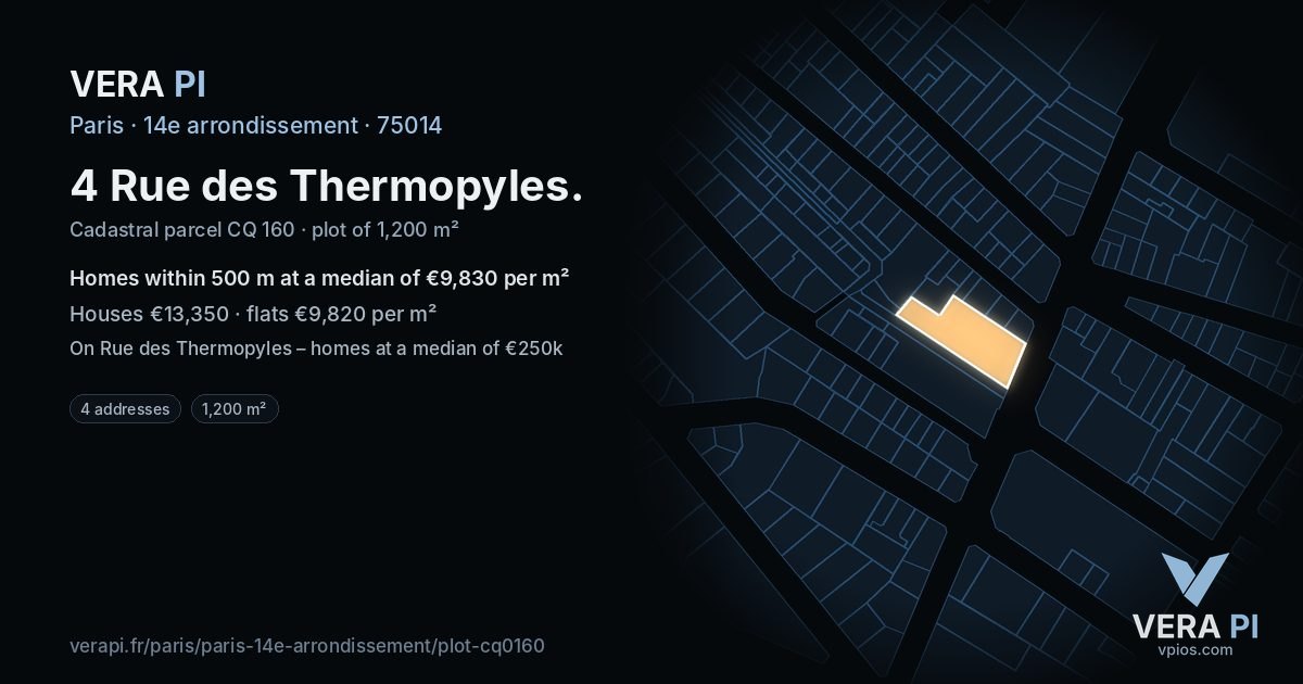 4 Rue des Thermopyles, 14e arrondissement at night – the plot lit, the parcels around coloured by the prices near them
