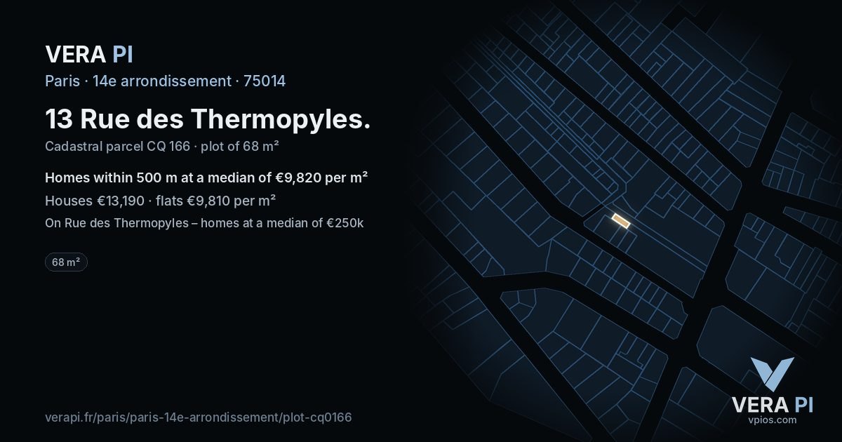 13 Rue des Thermopyles, 14e arrondissement at night – the plot lit, the parcels around coloured by the prices near them