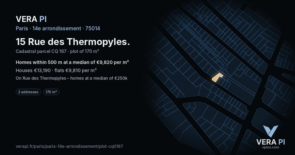 15 Rue des Thermopyles, 14e arrondissement at night – the plot lit, the parcels around coloured by the prices near them
