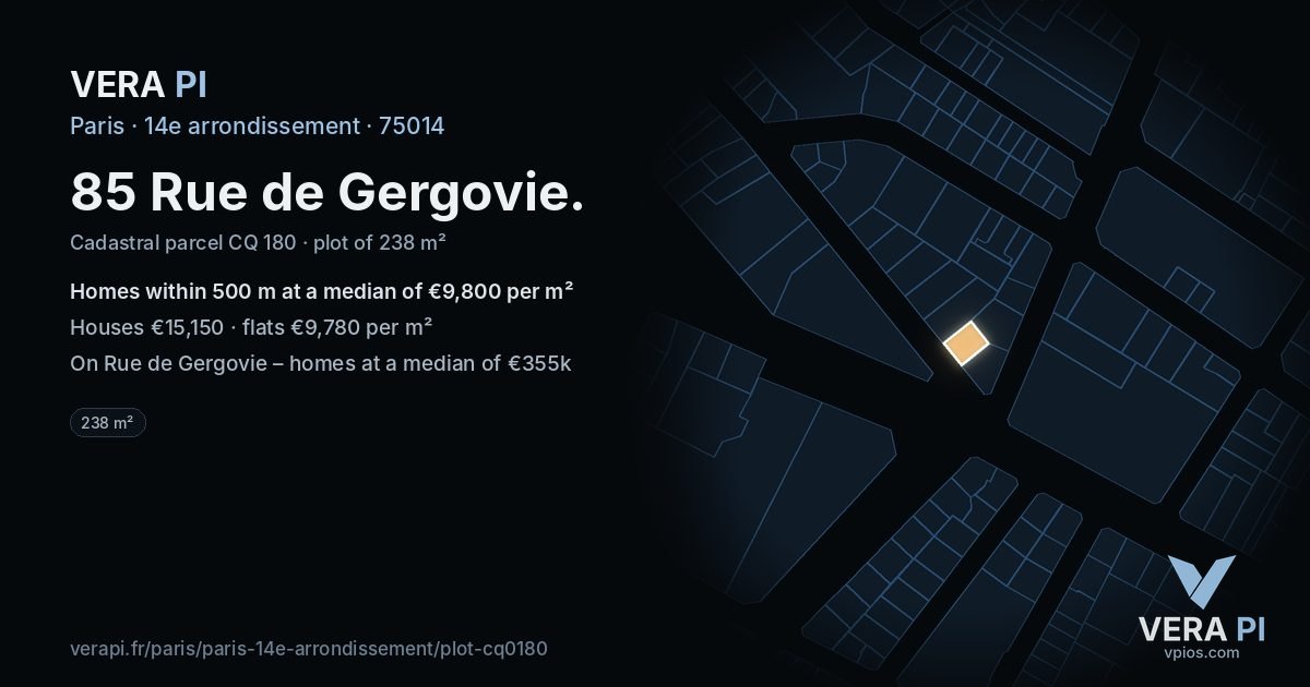 85 Rue de Gergovie, 14e arrondissement at night – the plot lit, the parcels around coloured by the prices near them