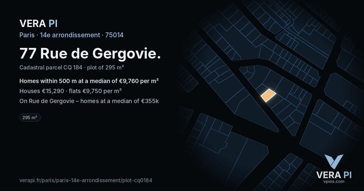 77 Rue de Gergovie, 14e arrondissement at night – the plot lit, the parcels around coloured by the prices near them