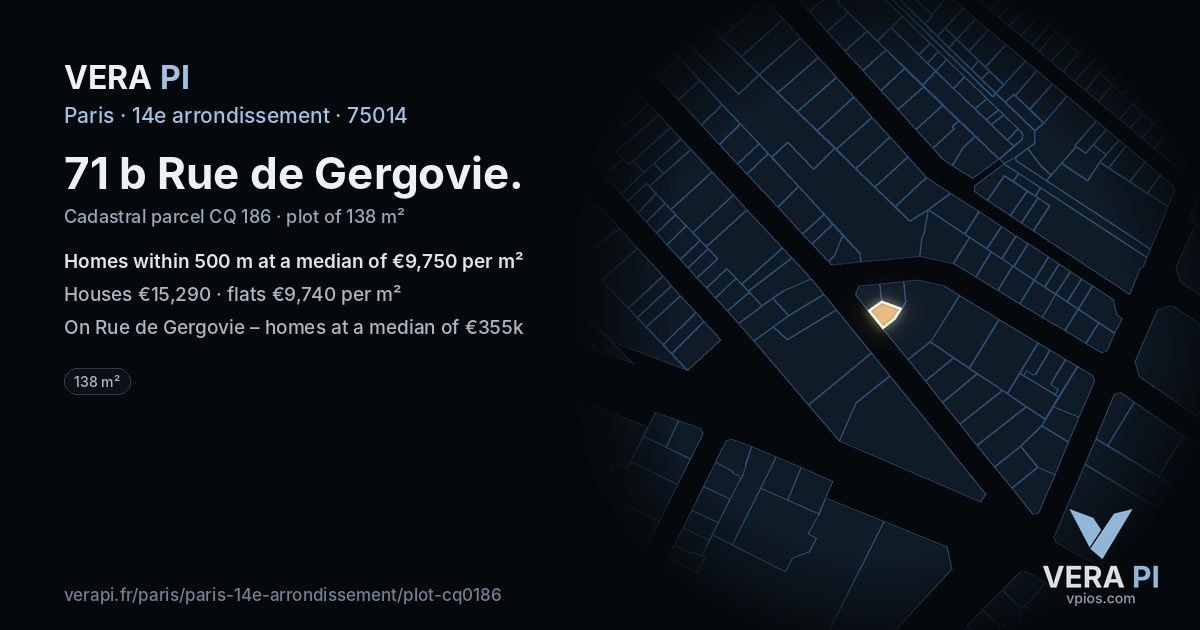 71 b Rue de Gergovie, 14e arrondissement at night – the plot lit, the parcels around coloured by the prices near them