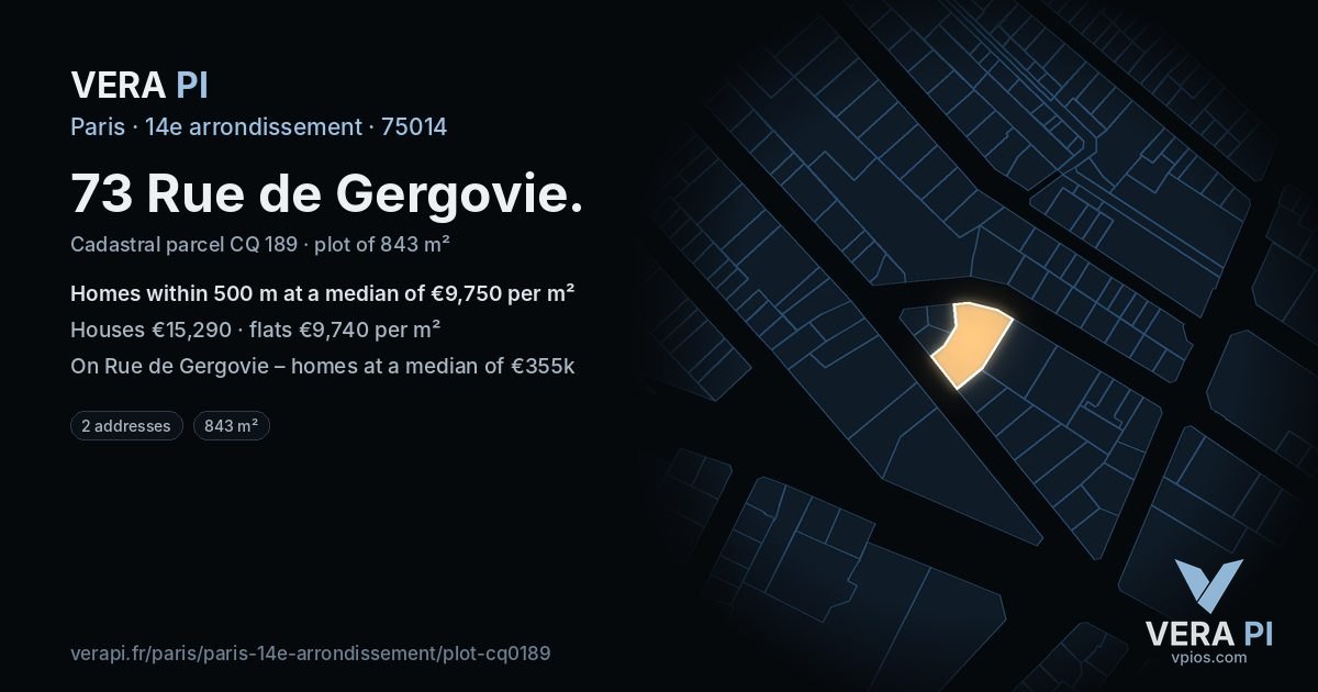 73 Rue de Gergovie, 14e arrondissement at night – the plot lit, the parcels around coloured by the prices near them
